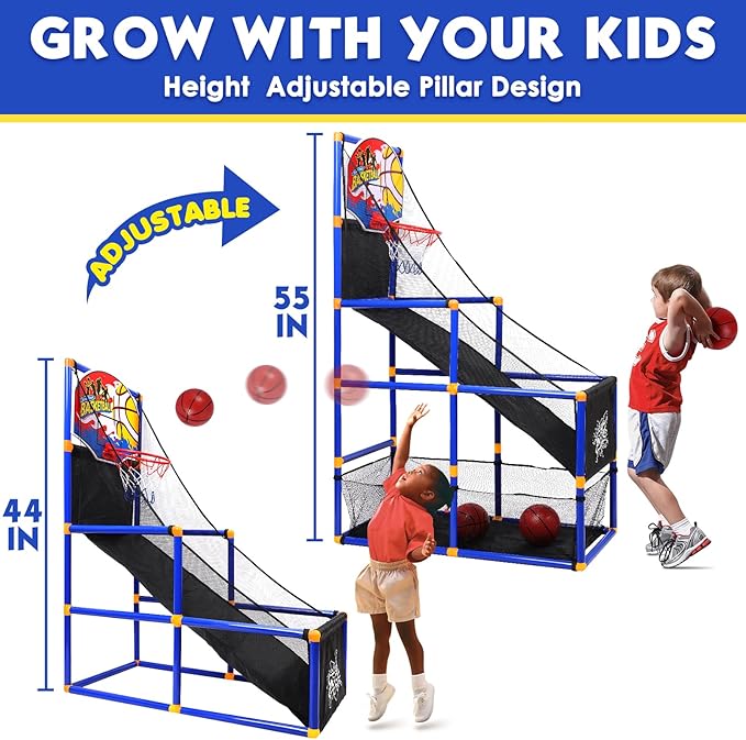 AOKESI Arcade Basketball Game Set for Kids, Toddler Basketball Hoop with 4 Balls Indoor and Outdoor Sports Toys Gifts for Boys Girls Aged 3-4 5-6 7-12 Years Old Adjustable Height Stand