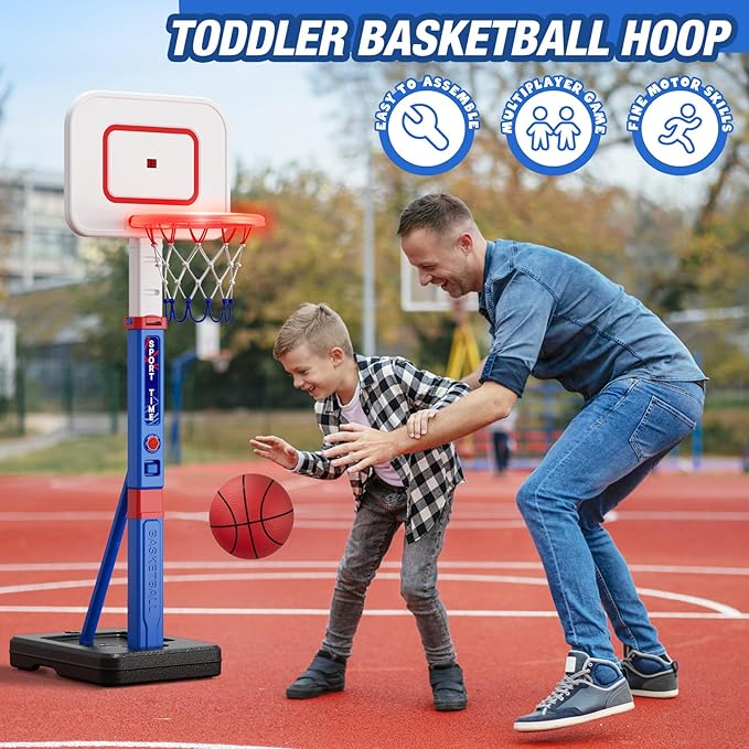 Toddler Basketball Hoop with Scoreboard/LED Basketball Rim/4 Balls, 55" Height Adjustable Basketball Hoop for Kids 3-5, Indoor Outdoor Sport Toys Birthday Gifts for Baby Boys Girls