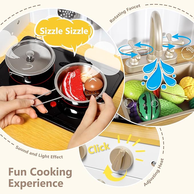 Kinder King Wooden Kids Play Kitchen, Kitchen Playset for Toddler Kid, Play Kitchen Toy Set w/Real Sounds, Pretend Microwave Oven, Ice Maker, Telephone, Gift for Boys Girls Age 3+, White