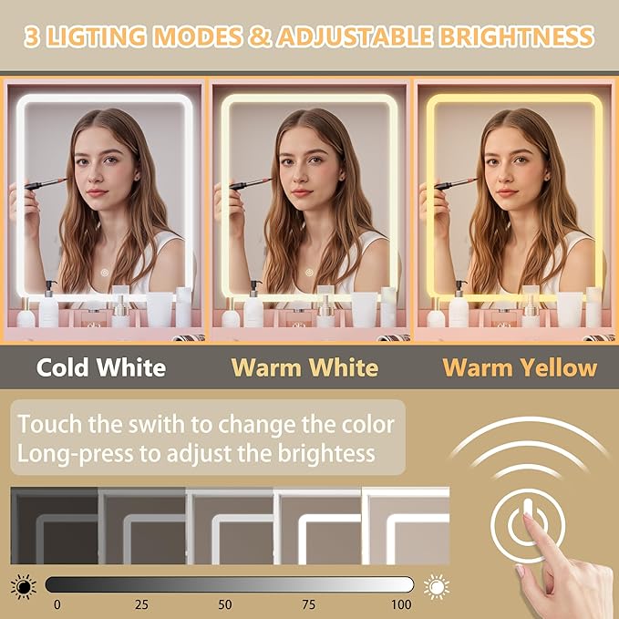 Vanity Desk with Mirror and Lights, Pink Makeup Vanity Table with 3 Modes & Adjustable Brightness, Glass Cabinets, Drawers, Outlet, Modern Dressing Table for Bedroom, Girls, Women, Teens