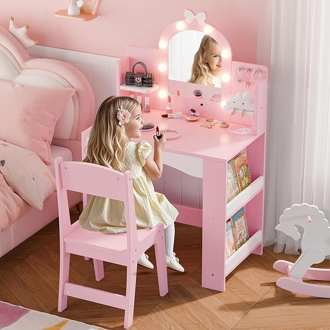 MU Kids Vanity with Lights, Princess Makeup Vanity Table and Chair Set for Girls, Toddler Vanity Desk with Open Bookshelf, Storage Cabinet & Shelves, Stools, Pink