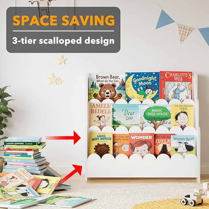 SpaceAid 3-Tier Scalloped Bookshelf, Montessori Bookcase for Toddlers, Wooden Book Shelf Organizer Display Furniture for Kids Rooms, Playroom, Nursery and Classroom, White