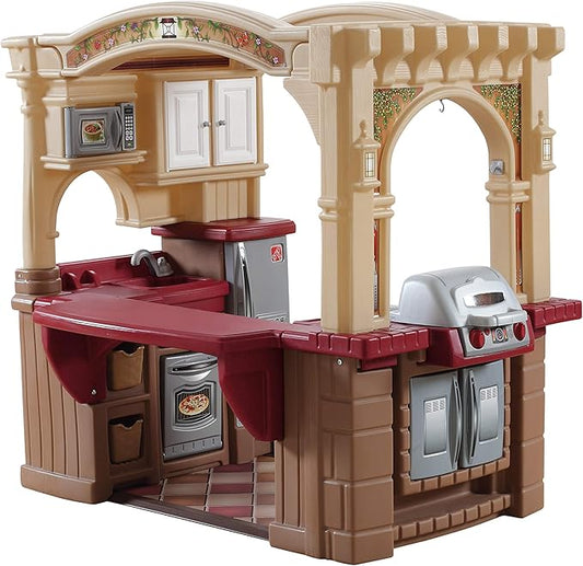 Step2 Grand Walk-In Kitchen & Grill Kids Playset, Indoor/Outdoor Kitchenette, Interactive Play with Lights and Sounds, Durable Plastic, 103 Piece Toy Accessories, Toddlers 2+ Years Old, Brown/Tan