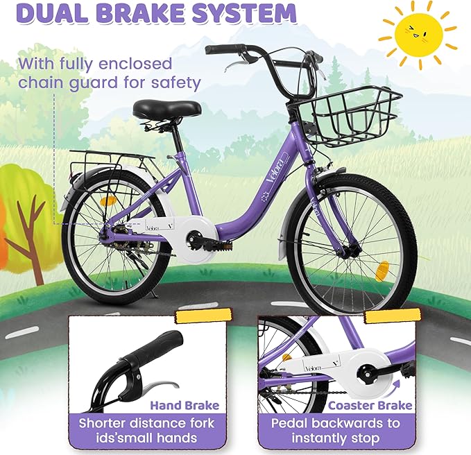 20 Inch Kids Bike for Boys and Girls | Children's Bicycle with Coaster & V-Brake | 1-Speed Lightweight Steel Frame | 20" x 1.75" Tires | Ages 5-8 Years | Outdoor Balance Bike, Purple