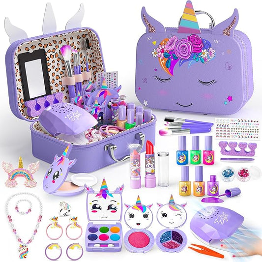 Kids Makeup Kit for Girl - 2 in 1 Kid Washable Makeup Toys & Nail Art Kit with Unicorn Cosmetic Case, Play Makeup for Girls, Real Girl Make up Sets for Christmas Birthday Gifts Toys for 3-12 Year