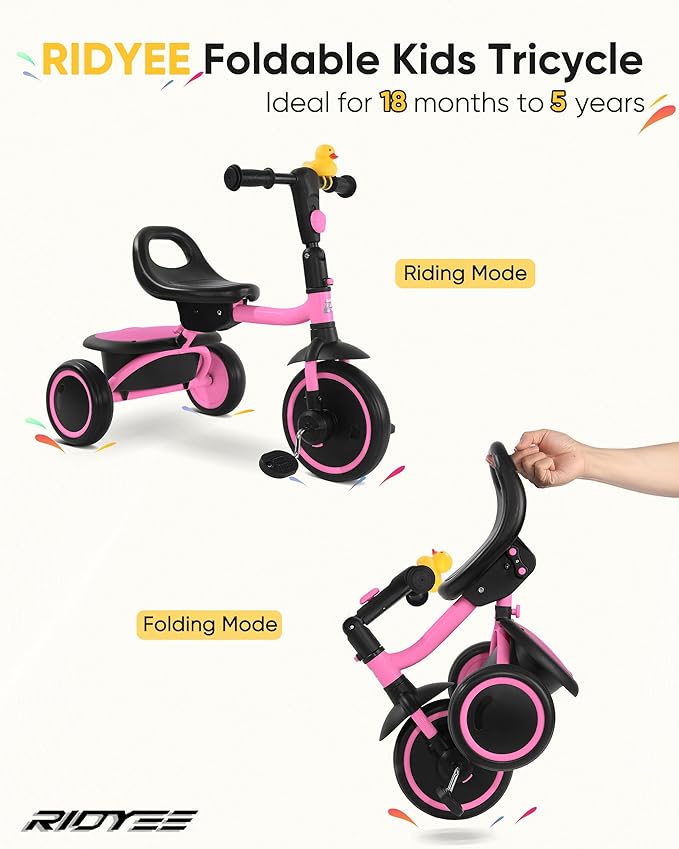 Toddler Tricycle for 18 Months to 5 Years, Foldable Tricycles for 3-5 Year Olds, Kids Tricycle with Adjustable Carry-Friendly Ergonomic Seat and Covered Large Basket, Pink