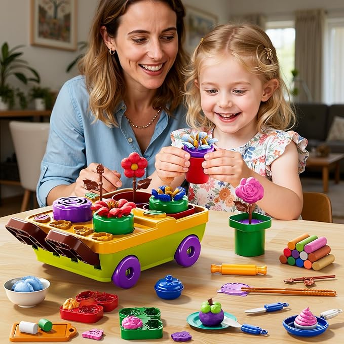50PCS Play Clay Set Blooming Flower Garden Toy Playset for Kids 3-5, DIY Nature Kits, Pretend Kitchen Toys Accessories with Cart, Toy Dishes, Gifts for Girls Boys Toddlers Ages 3 4 5 6 7 8 9
