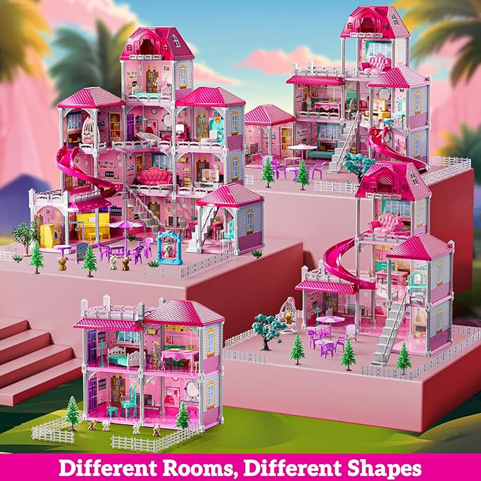 Villa Playset for Girls Ages 3-7, 4-Story 12 Room House with 2 Dolls, Furniture and Accessories, Indoor Playset Girls Toys for Ages 6-8, Pretend Toddler Toy, Birthday Gifts for Kids 4-8