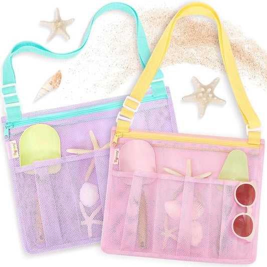 Tagitary Beach Toys Mesh Beach Bags with Zipper, Kids Pool Sand Toys Seashell Crossbody for Boys and Girls Summer Vacation Essentials