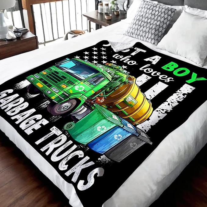 Boys Blanket Gifts, Garbage Trucks Throw Blankets for Kids Teens, 40x50 Inches Cute Throws for Truck Lovers - Black Soft Fuzzy Car Blankets for Sofa Couch Bed