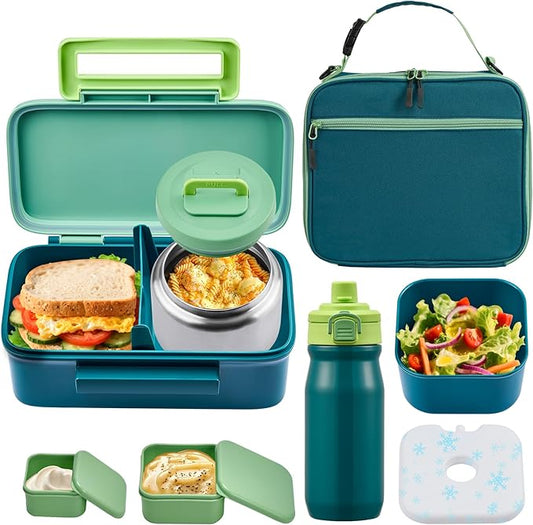 PIQUEBAR Kids Lunch Box with 8oz Thermo, Leakproof Bento Box with Insulated Bag, Kids Insulated Water Bottle with Straw, Food Lunch Container for Back to School Girls Boys, Green