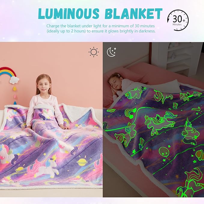 Glow in The Dark Unicorns Blanket,Unicorns Gifts Toys for Girls, Christmas Birthday Presents Decor for Kids Age 3-14 Year Old Daughter Teen Child Toddler Soft Sherpa Blanket Fleece Throw 50"x60"