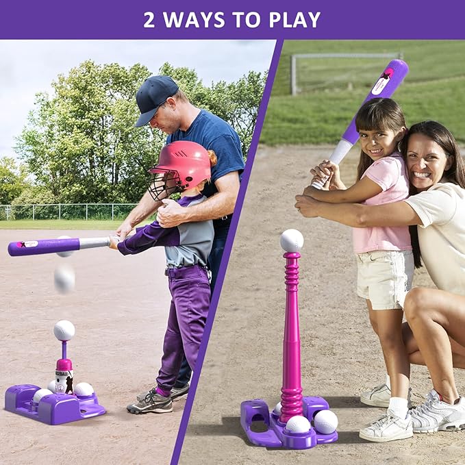 QDRAGON 2 in 1 T Ball Sets for Kids 3-5 5-8, Tee Ball Set with Automatic Pitching Machine/Adjustable Batting Bat & Stand/6 Balls, Baseball Toys Outdoor Sport for Toddlers Girls, Pink