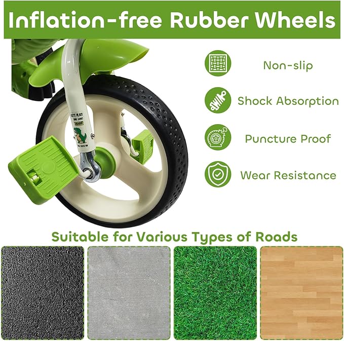 Dinosaur Kids Tricycle for Ages 2-6, Toddler Tricycle Bike Big Wheel Trike with Music Lighting and Rubber Tires, Preschool Daycare Kids Bike, Gift and Toy for 2-6 Boys and Girls