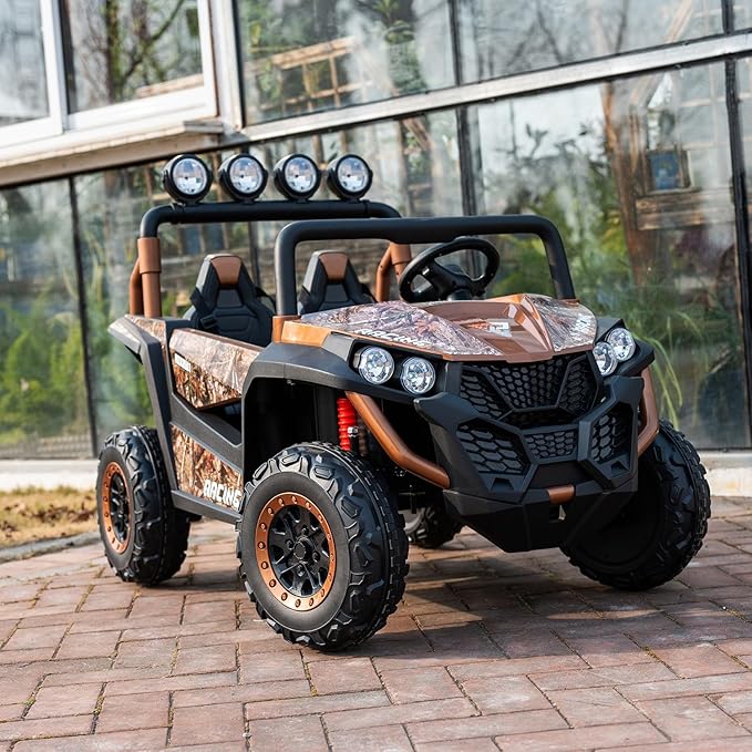24V 2-Seater Kids Ride-On UTV, 4WD Electric Car with Parent Remote Control, 4x200W Motor, LED Headlights & Searchlights, Bluetooth Music, Spring Suspension, 3-Speed Off-Road Toy Gift, Copper