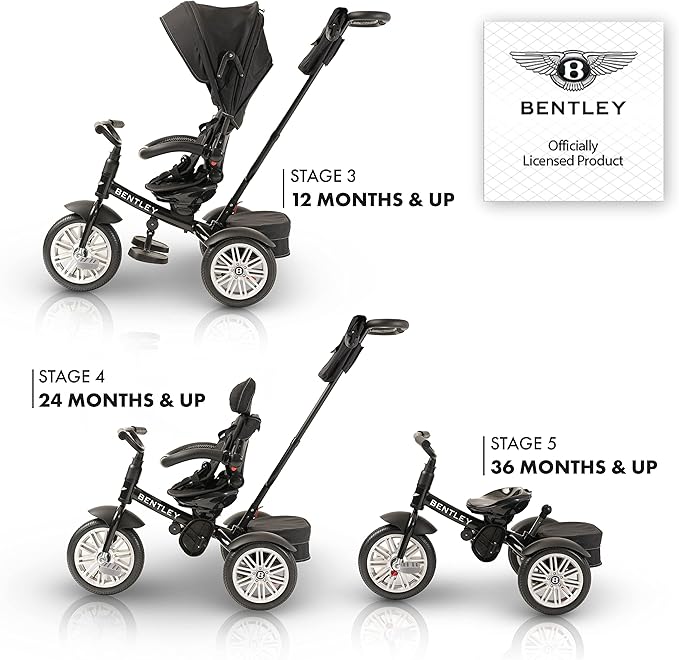 Bentley Kids Trike, All Terrain Toddler Bike 6-in-1, Officially Licensed & Designed by Bentley Motors UK, Baby Tricycle is a Compelling Statement of Performance & Luxury, Onyx Black (6m-5y+)