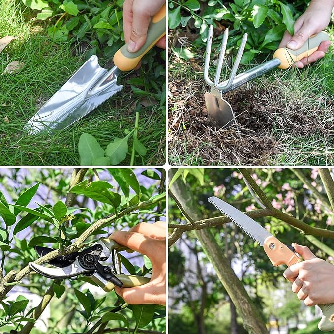 Garden Tool Set, WisaKey 9 Piece Stainless Steel Heavy Duty Gardening Hand Tools with Handle, Durable Garden Tool Bag, Gardening Gifts for Women and Men White Elephant Gifts for Adult