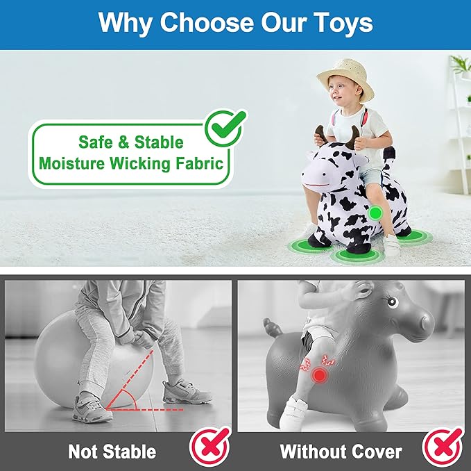 iPlay, iLearn Bouncy Pals Hopping Cow Horse, Toddler Girl Boy Inflatable Bouncing Animal Hopper Toy, Outdoor Indoor Plush Ride on Bouncer, Baby Birthday Gift 18 Month 2 3 4 Year Old Kid - Cow