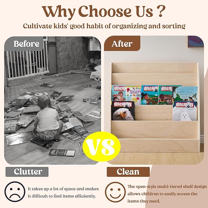 Montessori 5-Tier Kids Bookshelf & Organizer, Pine Plywood Forward-Facing Book Display Shelf for Playroom, Nursery & Classroom