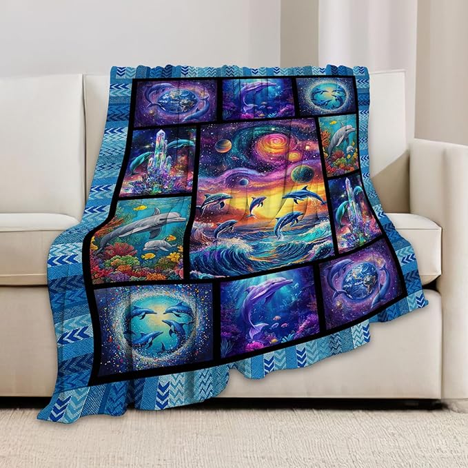 Dolphin Blanket, Ocean Dolphin Throw Blanket, Blue Sea Gifts Blankets Stuff Fleece Flannel Plush for Women Men Boys Girls Lovers Adults Soft Bedding Gift for Sofa Bed Office Home Decor 80"x60"
