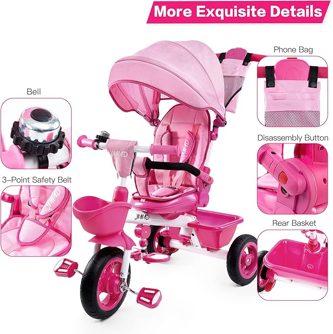 JMMD Baby Trike, 6-in-1 Kids Tricycle with Adjustable Push Handle, Removable Canopy, Safety Harness for 18 Months - 5 Year Old, Pink