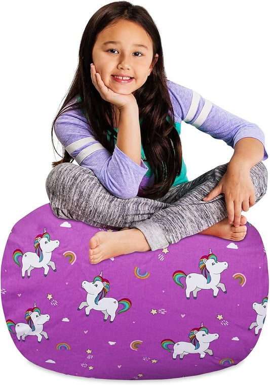 Posh Creations Kids Stuffed Animal Storage Bean Bag Chair Cover - Childrens Toy Organizer, Medium-27in, Canvas Unicorn and Rainbows on Purple