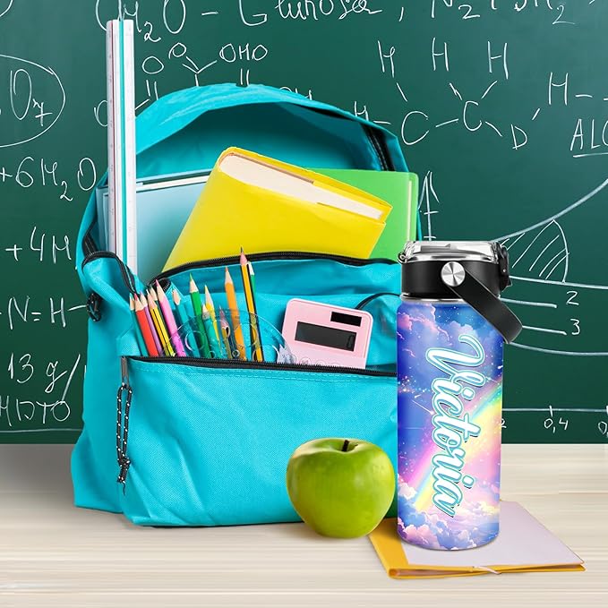 Personalized Kids Water Bottle with Name for School - Custom 18oz Water Bottle with Straw Lid Stainless Steel w/Engraved Names - Personalized Back to School Gifts for Boys Girls kids (UV)