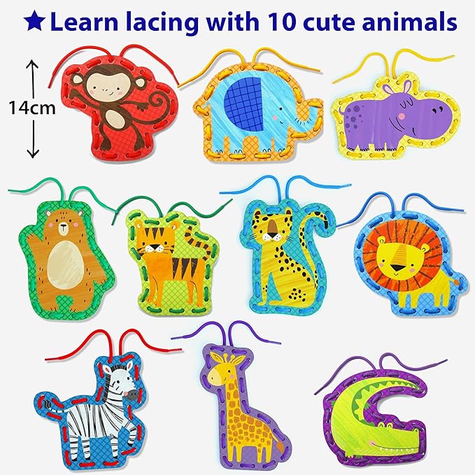 KRAFUN Safari Animal Preschool Arts & Crafts Lacing Kit, 10 Easy Lacing Cards for Toddlers Fine Motor Skills