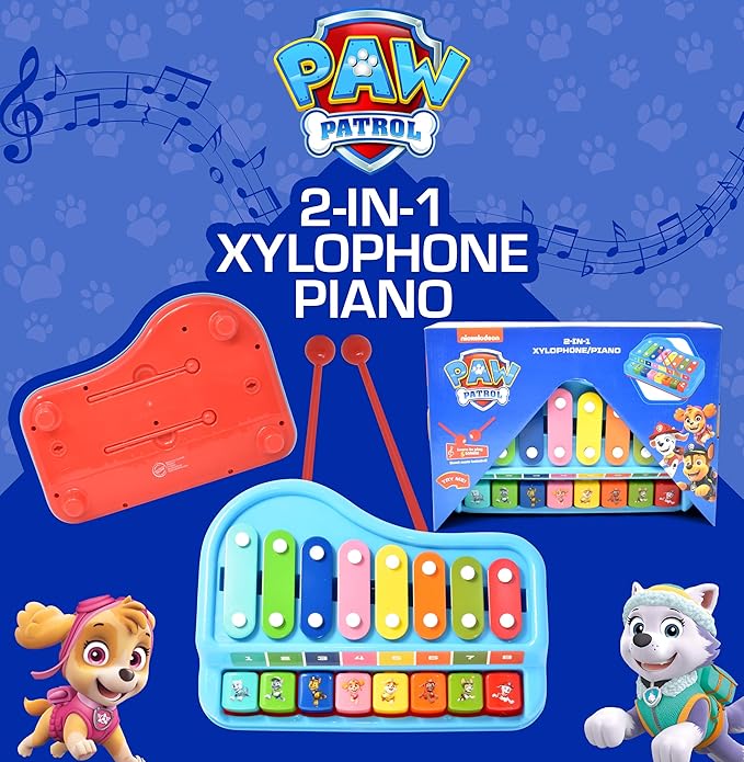 Paw Patrol 2 in 1 Baby Piano Xylophone Toy for Kids Toddlers Girls Boys Musical Instrument with Multicolored Keys Keyboard Sheet Music Two Mallets