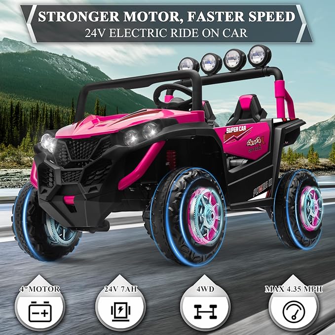 OTTARO 2 Seater Ride on Car Truck,24V Electric Vehicle Car for Kids 3-8 Years,200W Motors,4 Shock Absorbers, Music Play,Bright Light, Remote Control(Pink)