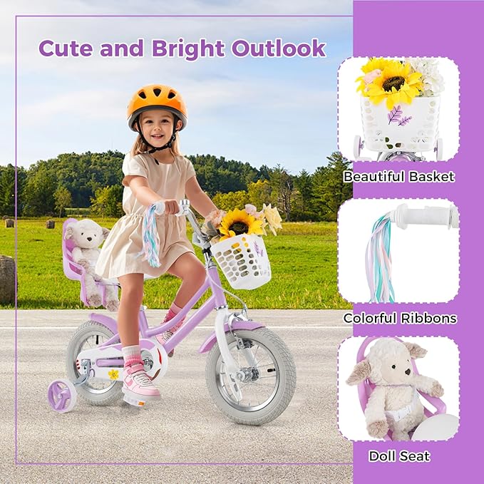 BABY JOY Kids Bike, 12 14 16 18 Inch Children Bicycle w/Detachable Training Wheels, Storage Basket, Adjustable Seat & Handlebar, Bow or Streamer, Girls Bike for 3-8 Years Old