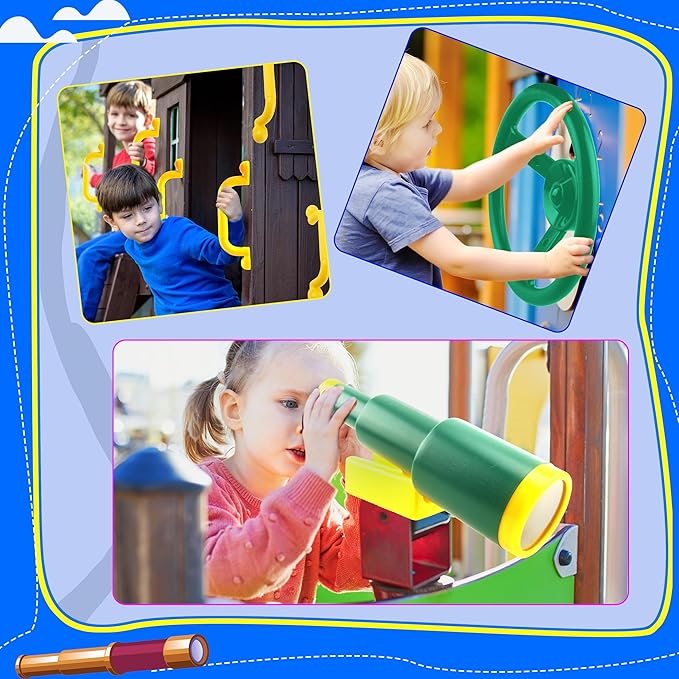 Playground Accessories Swingset Plastic Pirate Ship Steering Wheel Safety Handles Telescope for Kids Outdoor Playground Treehouse Jungle Gym Accessories (4 Pcs- Green,Yellow Set)