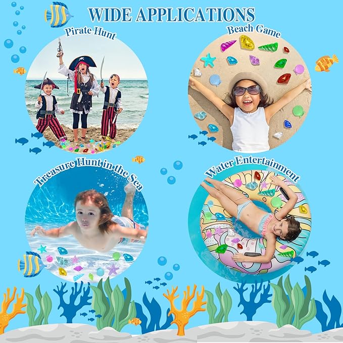 MGparty 24pcs Diving Gem Pool Toys Colorful Diamonds Set with Pirate Treasure Chest Summer Toy Underwater Swimming Toys for Boys and Girls Pool Games Water Toys