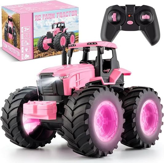 Remote Control Monster Tractor Toy for 3, 4, 5, 6, 7 years old, Pink Light Up Monster Trucks Toy with LED Lights Toddlers RC Farm Vehicle Toys for Boys ＆ Girls Ideal Christmas, Birthday Gifts for Kids