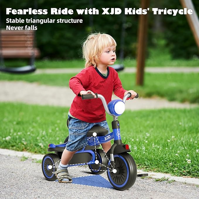 XJD Toddler Tricycle, Foldable Toddler Bike with Pedals, Tricycle for 2-5 Year Olds, Adjustable Comfortable Seat, Birthday Gifts for 1-5 Years Old Boys and Girls (Blue)