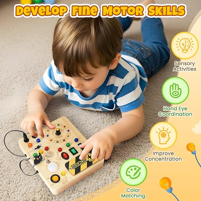 Montessori Busy Board, Wooden Sensory Toy for Toddler with LED Light, Educational Travel Toy, Christmas Birthday Gifts for Toddler