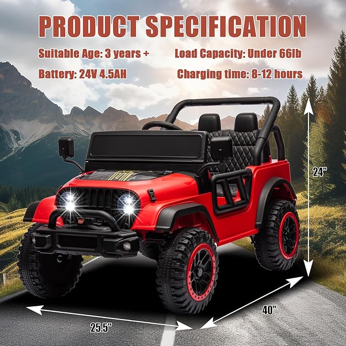 POSTACK 24V Ride On Car with Remote Control, 1 Seater 2WD Battery Powered Ride On UTV Toys for Toddlers Boys Girls, Off Road Electric Vehicle to Drive w/Bluetooth, LED Lights, Red