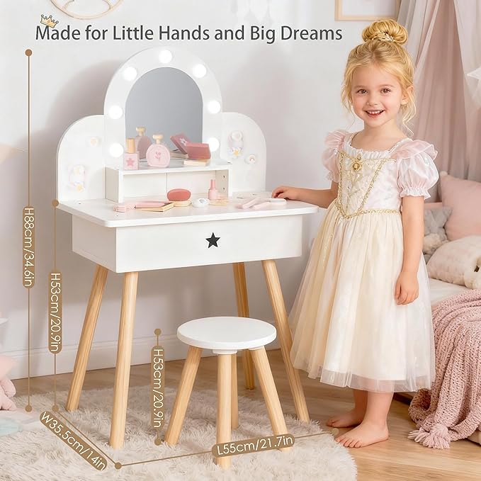Kids Vanity Set for Girls with Touch-Button 3-Color Light Mirror, Wooden Pretend Play Makeup Table with 11 Accessories, Toddler-Sized Beauty Desk for Ages 3+