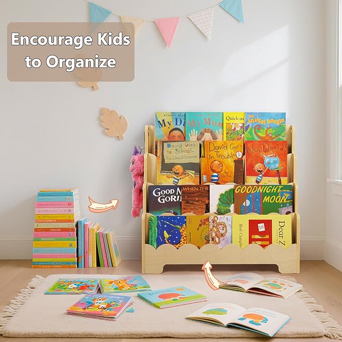 Kids Bookshelf Wooden 4-Tier, Scalloped Book Shelf for Kids Rooms, Front Facing Toddler Montessori Bookshelf, Baby Nursery Book Shelves Kid Classroom Book Shelf Bookcase
