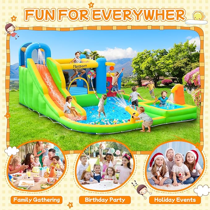 FBSPORT Inflatable Bounce House, 9 in 1 Water Slide with Blower, Bouncy House for Kids Indoor Outdoor Wet Dry Combo Water Bounce House with Football Shooting, Water Gun, Splash Pool, Bounce Area, Hose