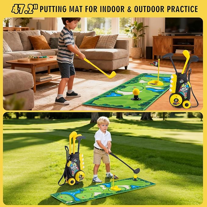 Toddler Golf Set with Cart, 4 Upgraded Handle Clubs, 47.2" Putting Mat, 8 Balls, Training Accessories for 3 4 5+ Years Old Boys Girls