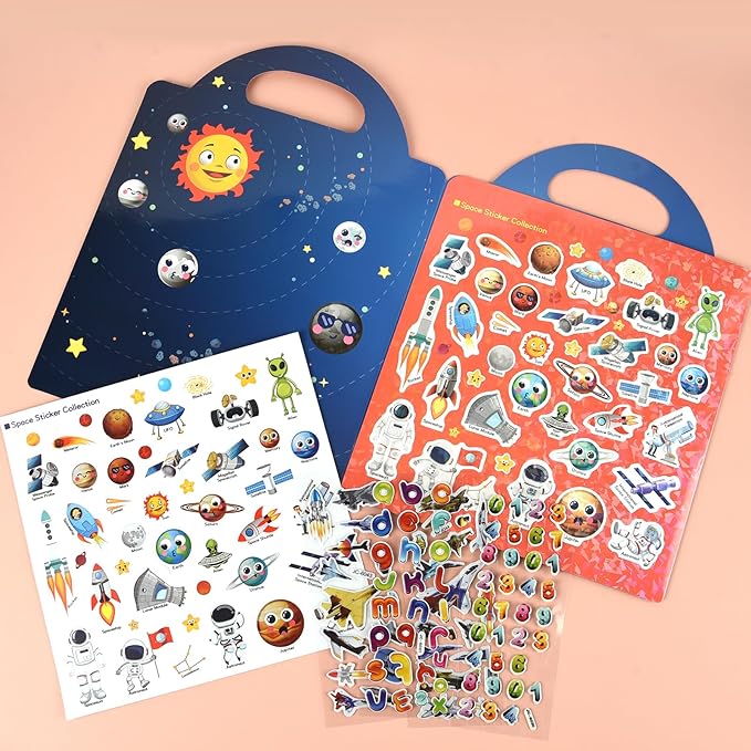ASTARON Reusable Sticker Book for Toddlers, 88 Pcs Space Stickers Road Trip Activities Car Airplane Activities Travel Toys for Kids, Kids Quiet Time Activities (2-6 Age)