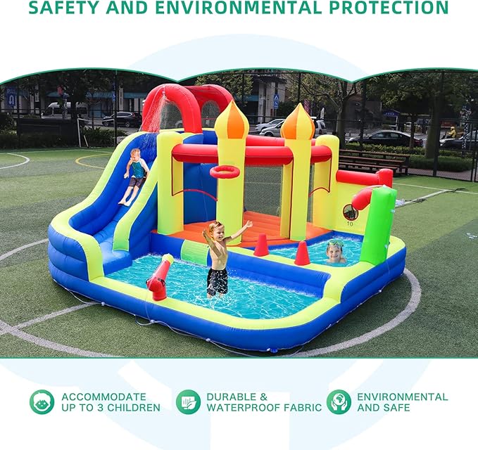 Blow Up Water Slides for Kids Backyard, Large Jumping Bouncy Castle for Kid Outdoor, 8in1 Inflatable Bounce House with 450W air Blower