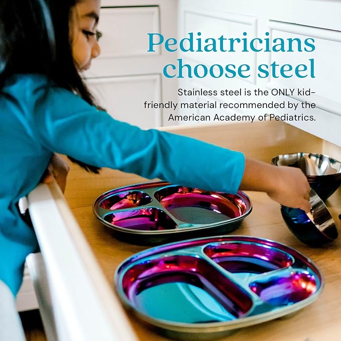 Ahimsa Stainless Steel Kids Plate, Pediatrician Designed Divided Toddler & Baby Plates, Non Toxic, Unbreakable & Dishwasher Safe, Iridescent Blue