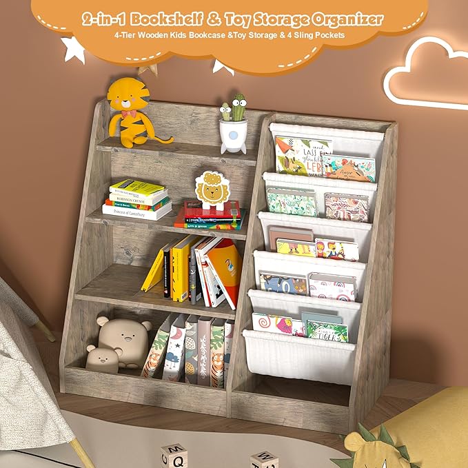 4 Tier Kids Bookshelf Wooden, Five Layer Sling Children Bookcase, Baby Toddler Storage Book Rack, Book and Toy Organizer Cabinet Chest, Book Display Shelf Stand, Playroom Nursery Classroom Library