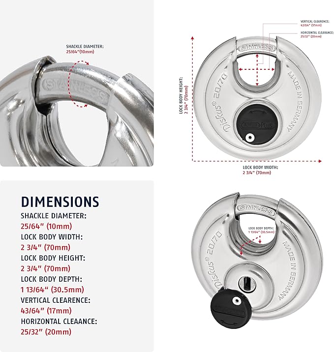 ABUS Diskus 20/70 Heavy Duty Stainless Steel Disk Padlock - Rustproof Lock with 3/8" Shackle - Made in Germany - Keyed Alike Code 323614