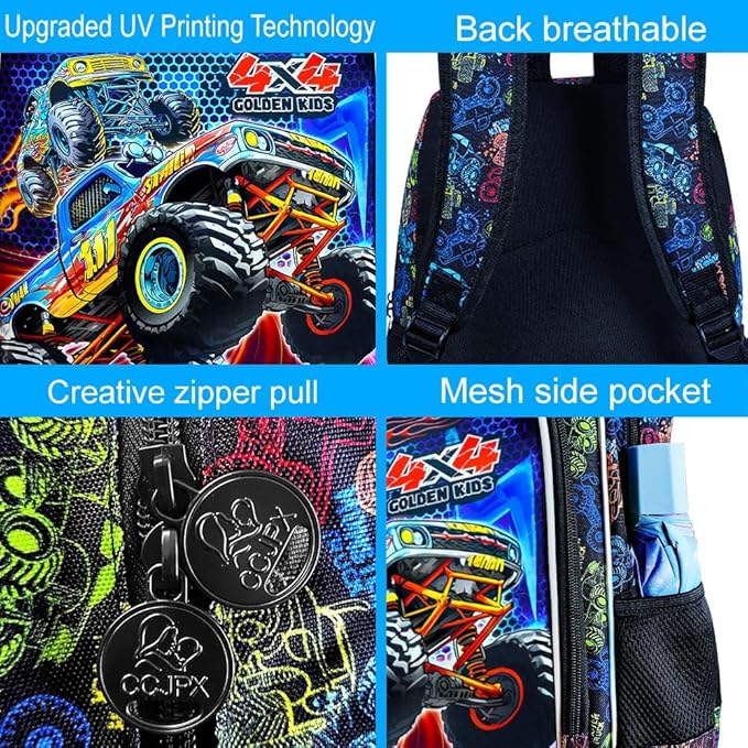 16" Monster Truck Backpack, 3Pcs Boy Bookbag for Elementary Preschool Kindergarten, Kids School Backpacks with Lunch Box (Black)