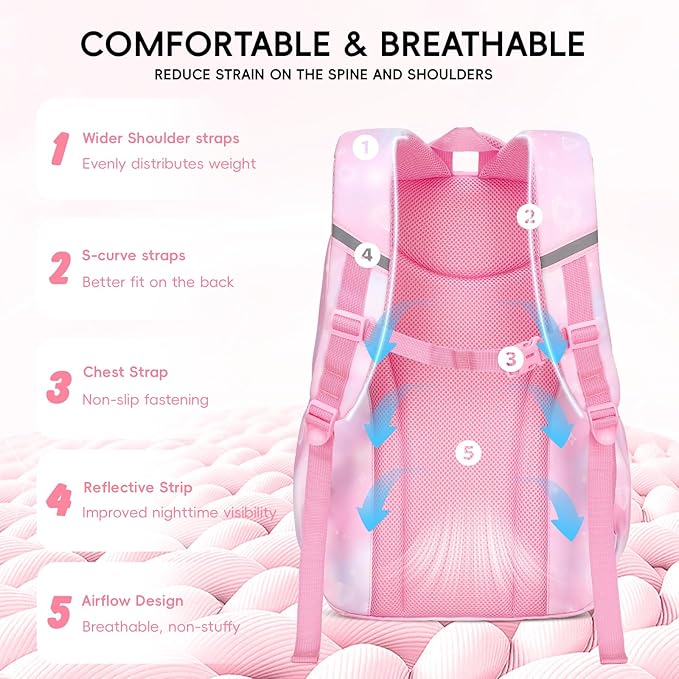 Tanou Backpack with Lunch Box for Girls, Kawaii Set School Bag for Kid Elementary Middle School, Aesthetic Laptop Bookbag Lightweight, Pink