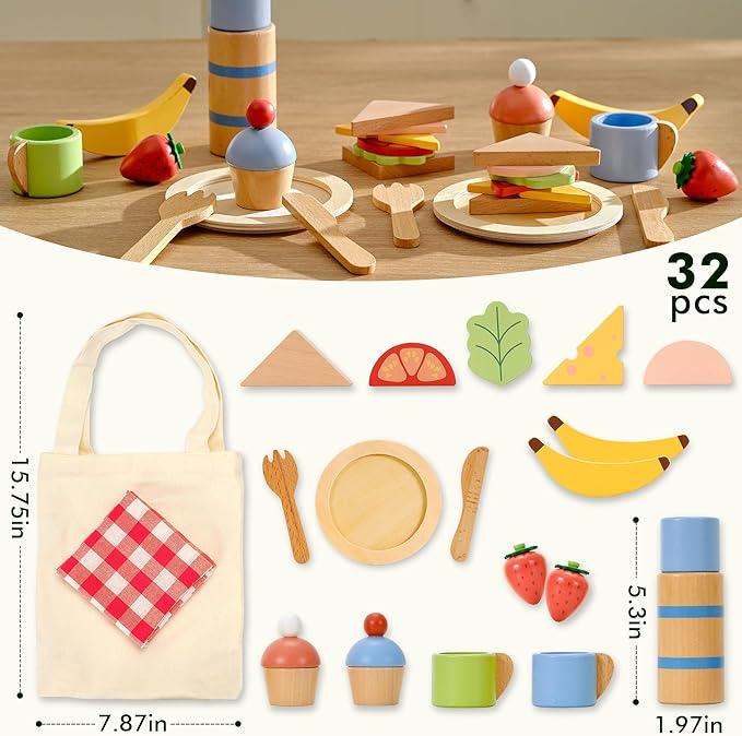 PairPear Wooden Play Food Set for Kids Kitchen, 32 Pcs Pretend Play Toys Picnic Playset with Shopping Bag, Toddler Cutting Food Toys Play Kitchen Accessories Gift for Girls Boys Age 3+