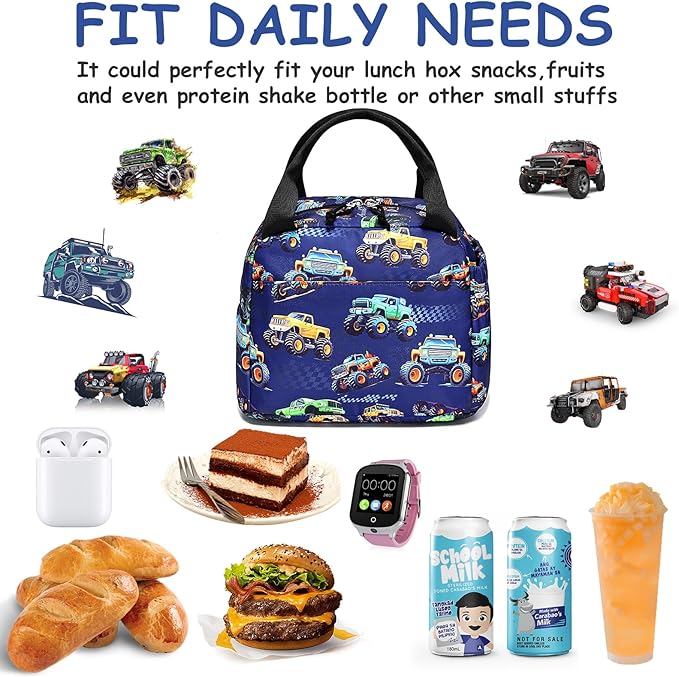 Lunch Box Kids Insulated Lunch Bag Large Reusable Leakproof Cooler Lunch Bags for Boys Girls School Travel Picnic (Navy-Vehicle)